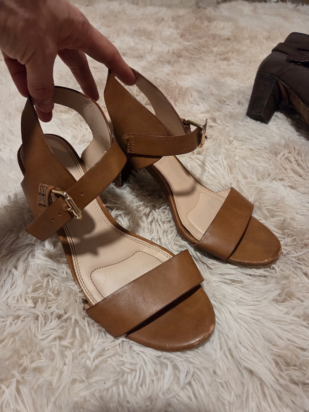 Kelly & Katie Cognac Brown Block Heel Sandals with Ankle Strap
